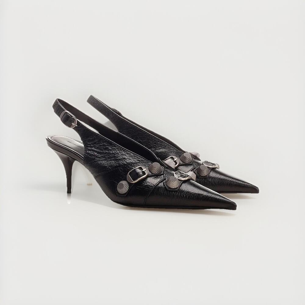 Womens Black Cagole Slingback Pumps Lambskin Leather 37 NIB